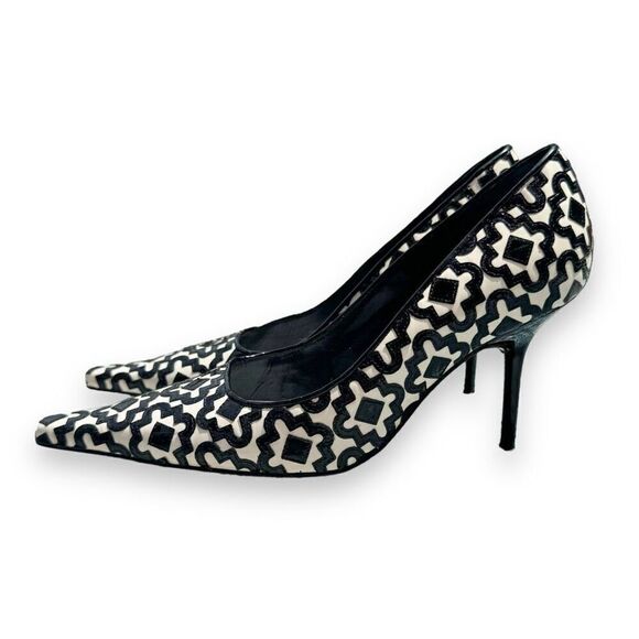 Rene Caovilla Black White Pattern Patent Leather Pointed Toe Heels Women’s Sz 38 - Picture 2 of 8